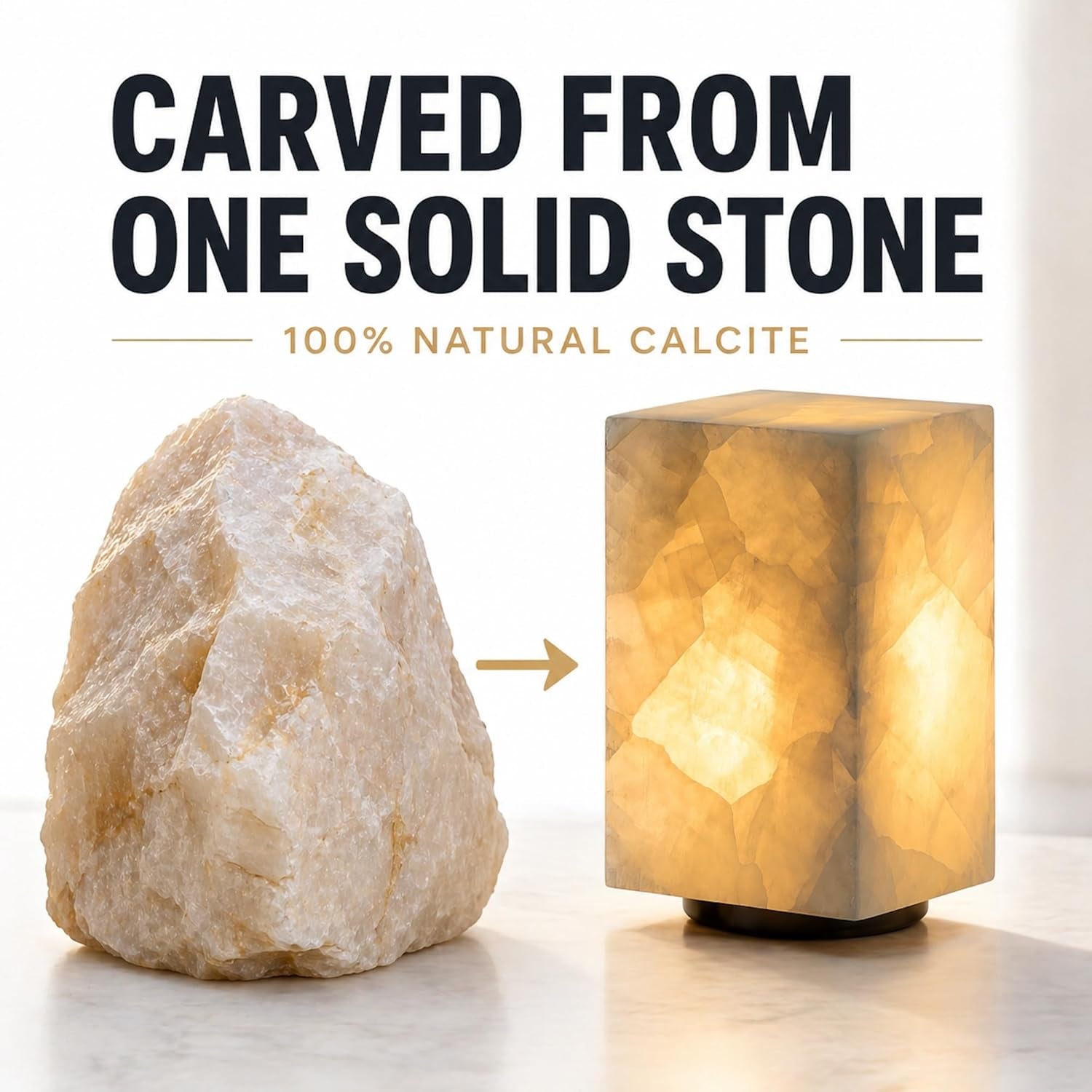 Natural Calcite Stone Table Lamp, Handcrafted Solid Stone Lamp with Unique Crystal Texture, Dimmable 3-Color LED, Modern Decorative Lamp for Bedroom Living Room-Cuboid White