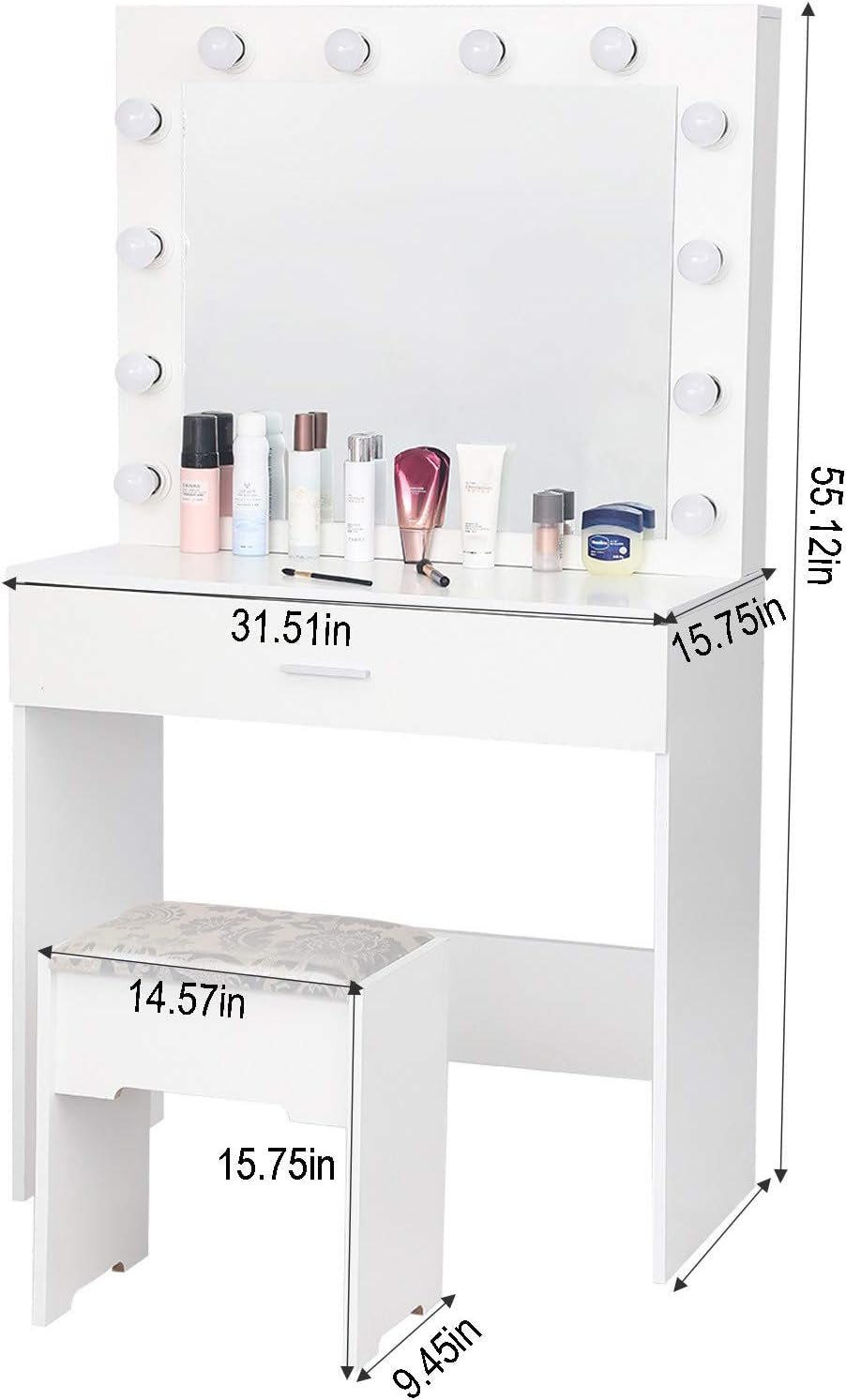 Makeup Vanity Set with 12-Light Mirror, Desk, Drawers, and Chair in Black/White Finish