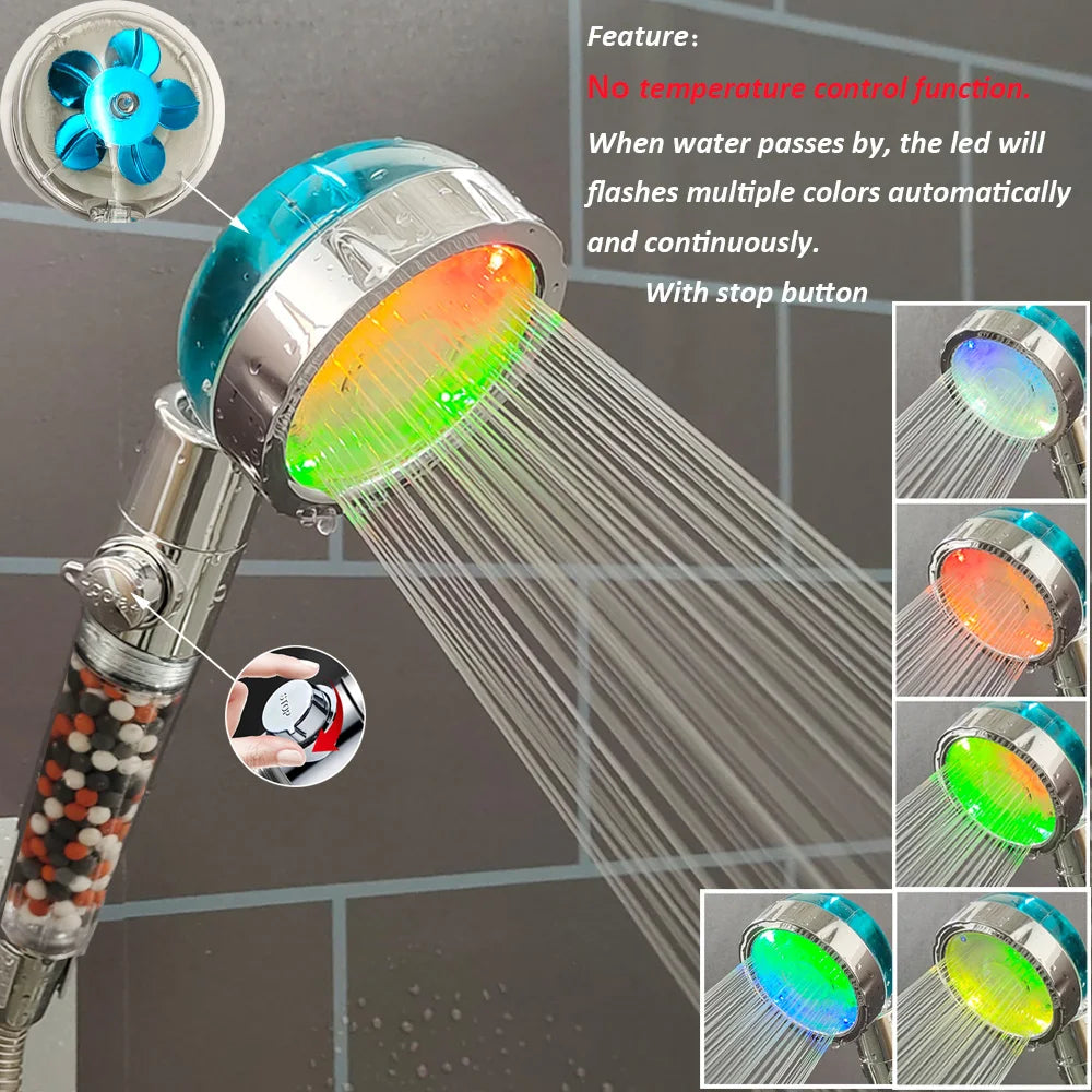 LED Shower Head High Pressure Anion Filter Water Saving Showerhead Temperature Control Colorful Light Handheld Big Rain Shower