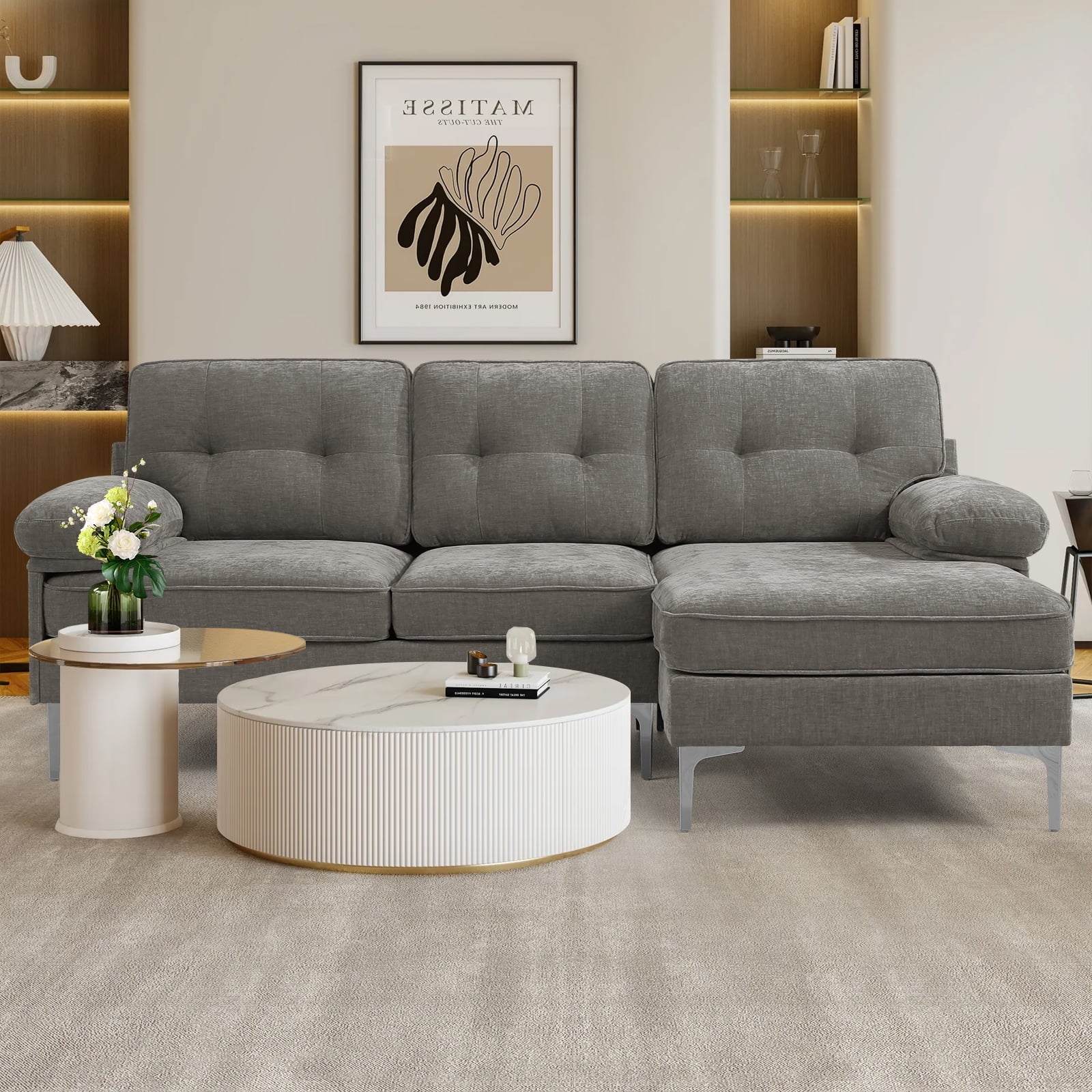 Convertible L-Shaped Sectional Sofa with Reversible Chaise Lounge in Gray Chenille Fabric, Ideal for Living Room, Apartment, or Office, Seats 3