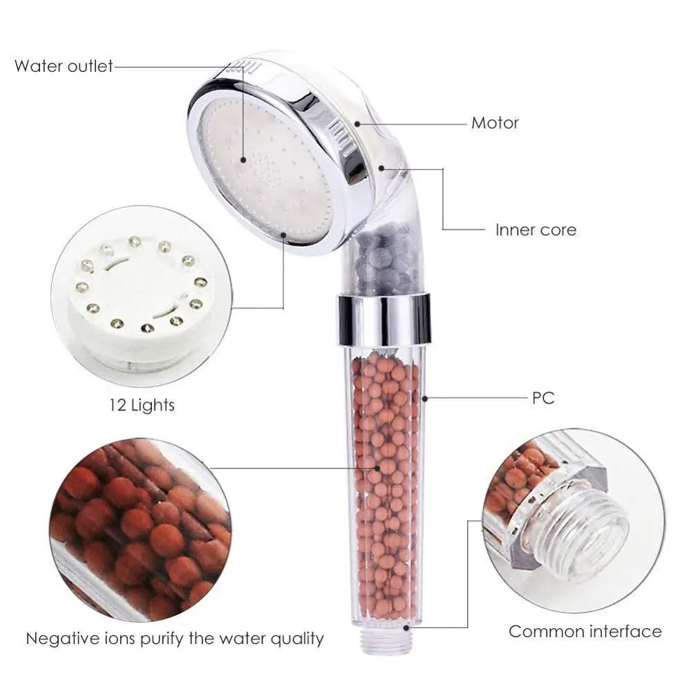 LED Shower Head High Pressure Anion Filter Water Saving Showerhead Temperature Control Colorful Light Handheld Big Rain Shower