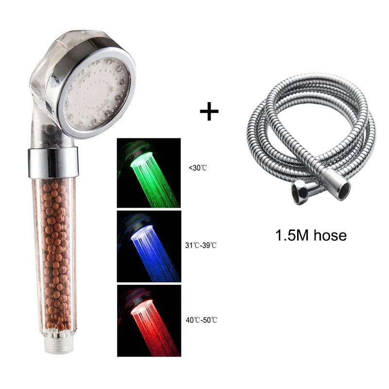 LED Shower Head High Pressure Anion Filter Water Saving Showerhead Temperature Control Colorful Light Handheld Big Rain Shower