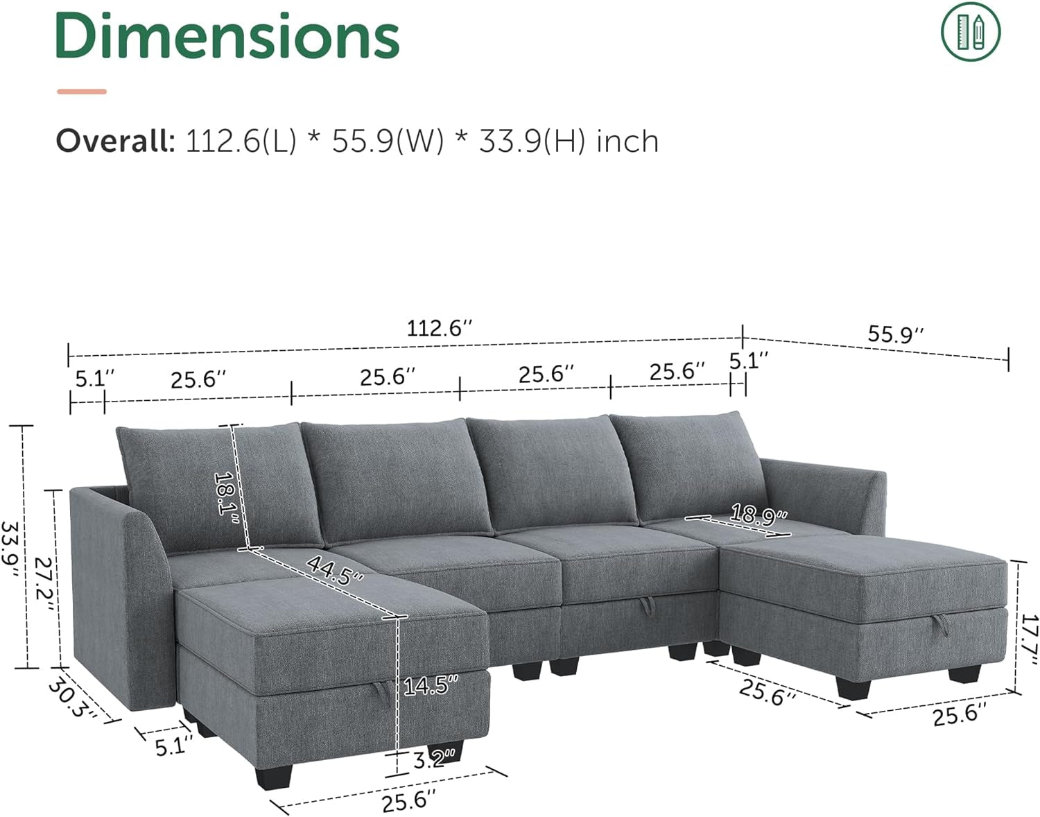 Modular U-Shaped Sectional Sofa with Reversible Chaise and Storage in Bluish Grey