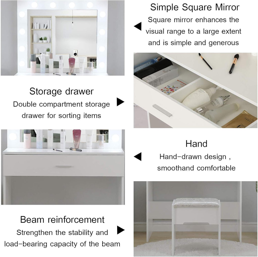 Makeup Vanity Set with 12-Light Mirror, Desk, Drawers, and Chair in Black/White Finish