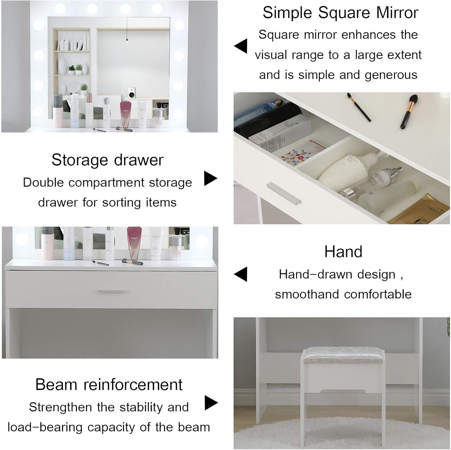 Makeup Vanity Set with 12-Light Mirror, Desk, Drawers, and Chair in Black/White Finish