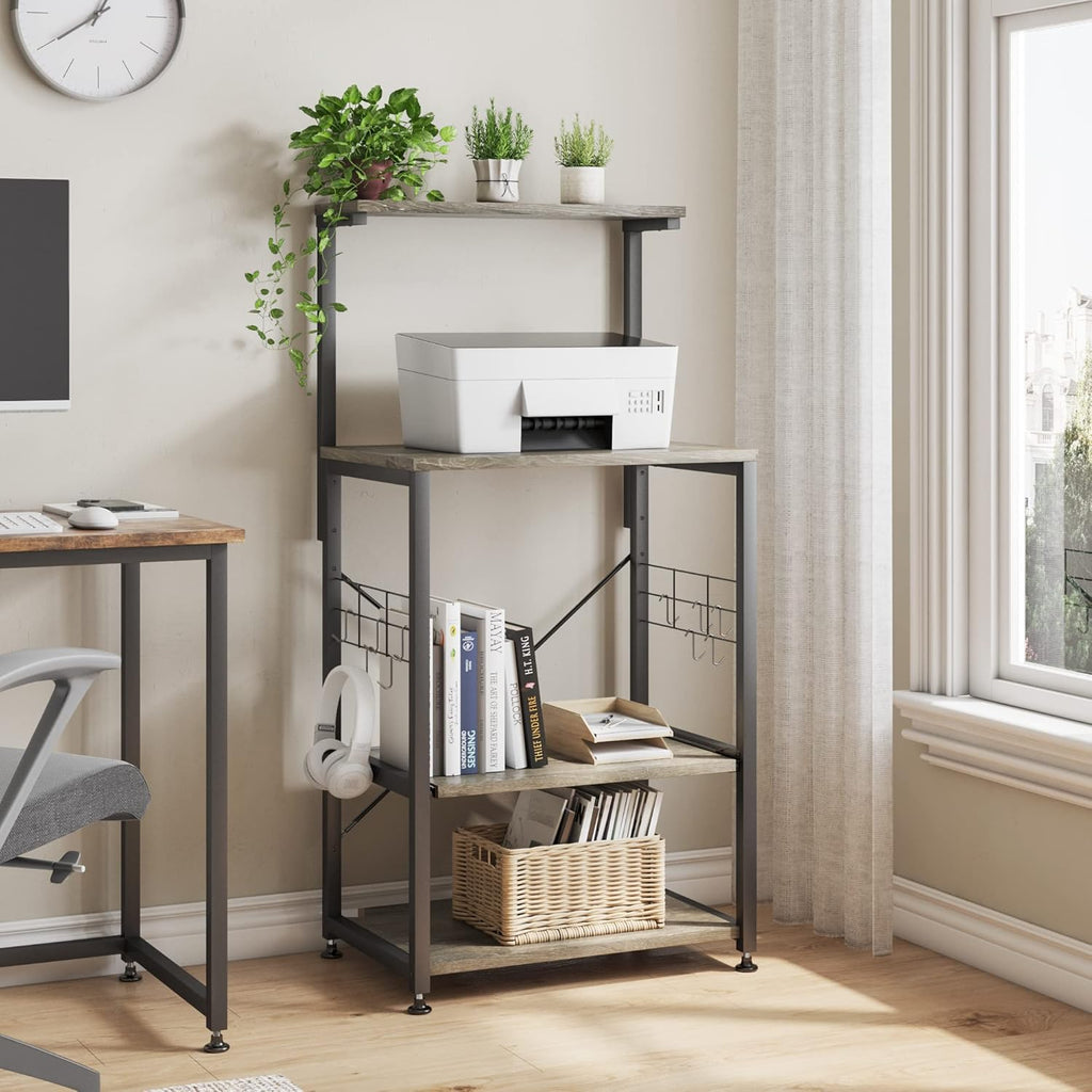 Professional Kitchen Bakers Rack with Microwave Stand and Mobile Utility Storage Shelf, Featuring 10 Side Hooks and Adjustable Feet