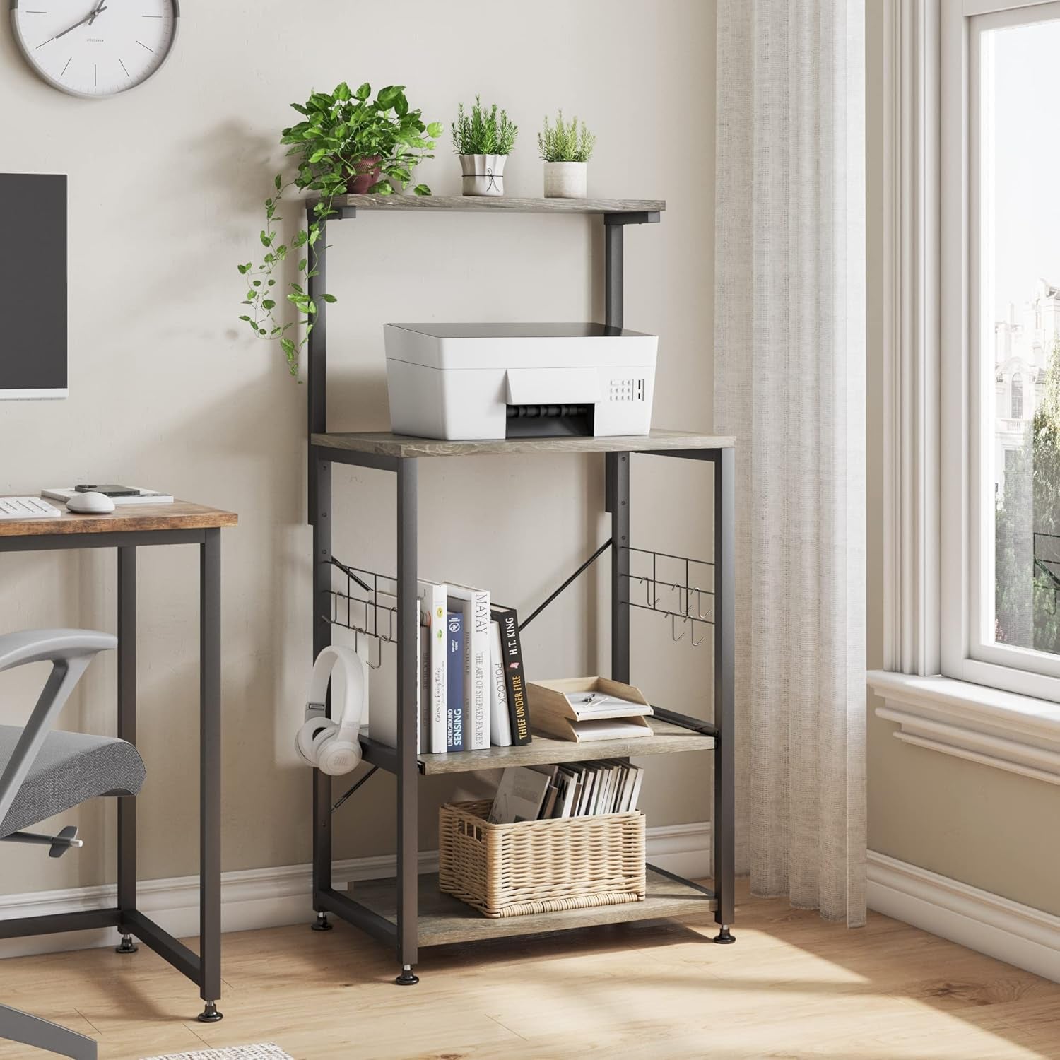 Professional Kitchen Bakers Rack with Microwave Stand and Mobile Utility Storage Shelf, Featuring 10 Side Hooks and Adjustable Feet
