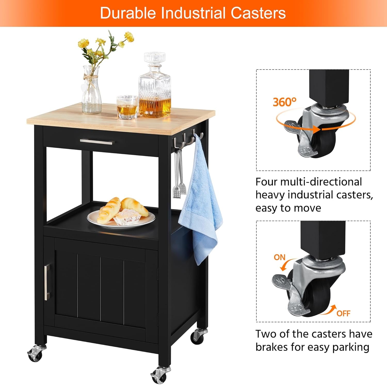 Kitchen Island Cart with Storage, Rolling Kitchen Island on Wheels with 6 Side Hooks, Wood Top Microwave Cart with Drawer for Dining Room, Black