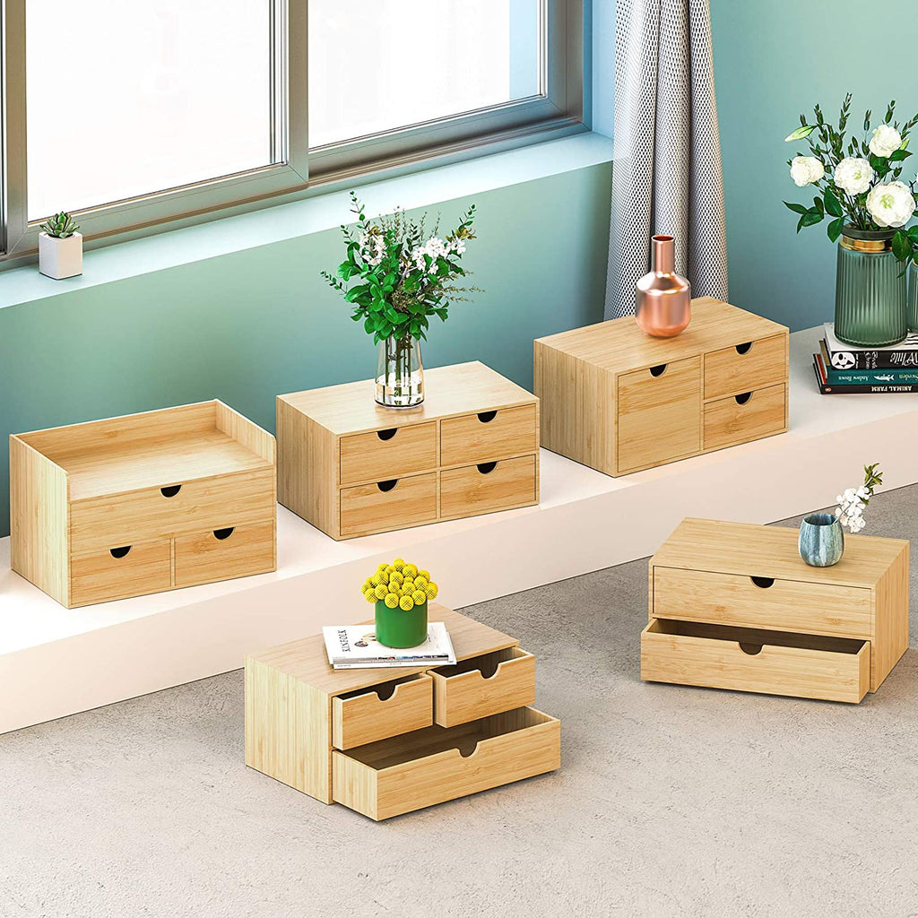 Bamboo Desk Drawer Organizer with Three Drawers for Efficient Tabletop Storage in Office and Home