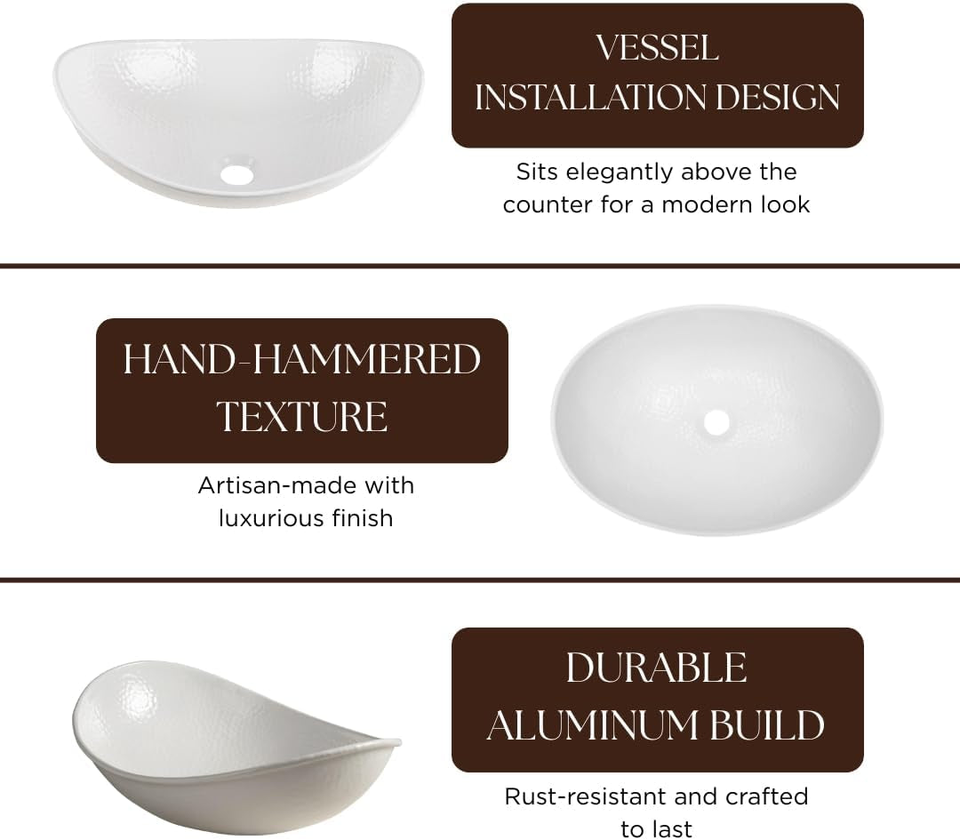 Bathroom Sink – 19-Inch Harbor Vessel Bathrooms Countertop Sink, Bathroom Vessel Sinks, above Counter Hand Hammered Classic White Aluminum Bath Sinks for Restroom Vanity or Powder Room