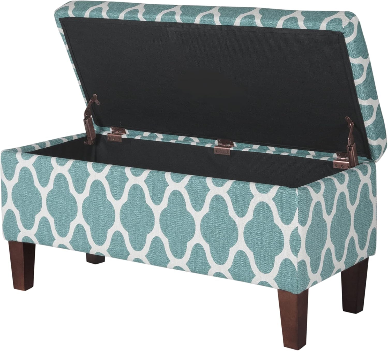 Large Teal Blue Geometric Upholstered Rectangular Storage Ottoman Bench with Hinged Lid
