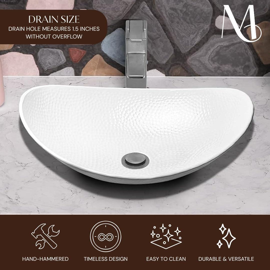 Bathroom Sink – 19-Inch Harbor Vessel Bathrooms Countertop Sink, Bathroom Vessel Sinks, above Counter Hand Hammered Classic White Aluminum Bath Sinks for Restroom Vanity or Powder Room