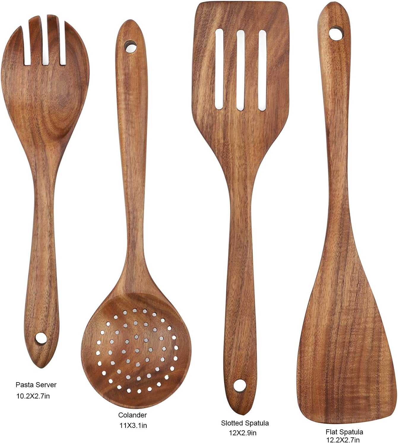 4-Piece Wooden Cooking Utensil Set for Non-Stick Cookware - Includes Spatula, Fork, Turner, Ladle, and Strainer Spoons