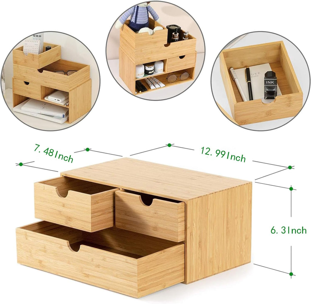 Bamboo Desk Drawer Organizer with Three Drawers for Efficient Tabletop Storage in Office and Home