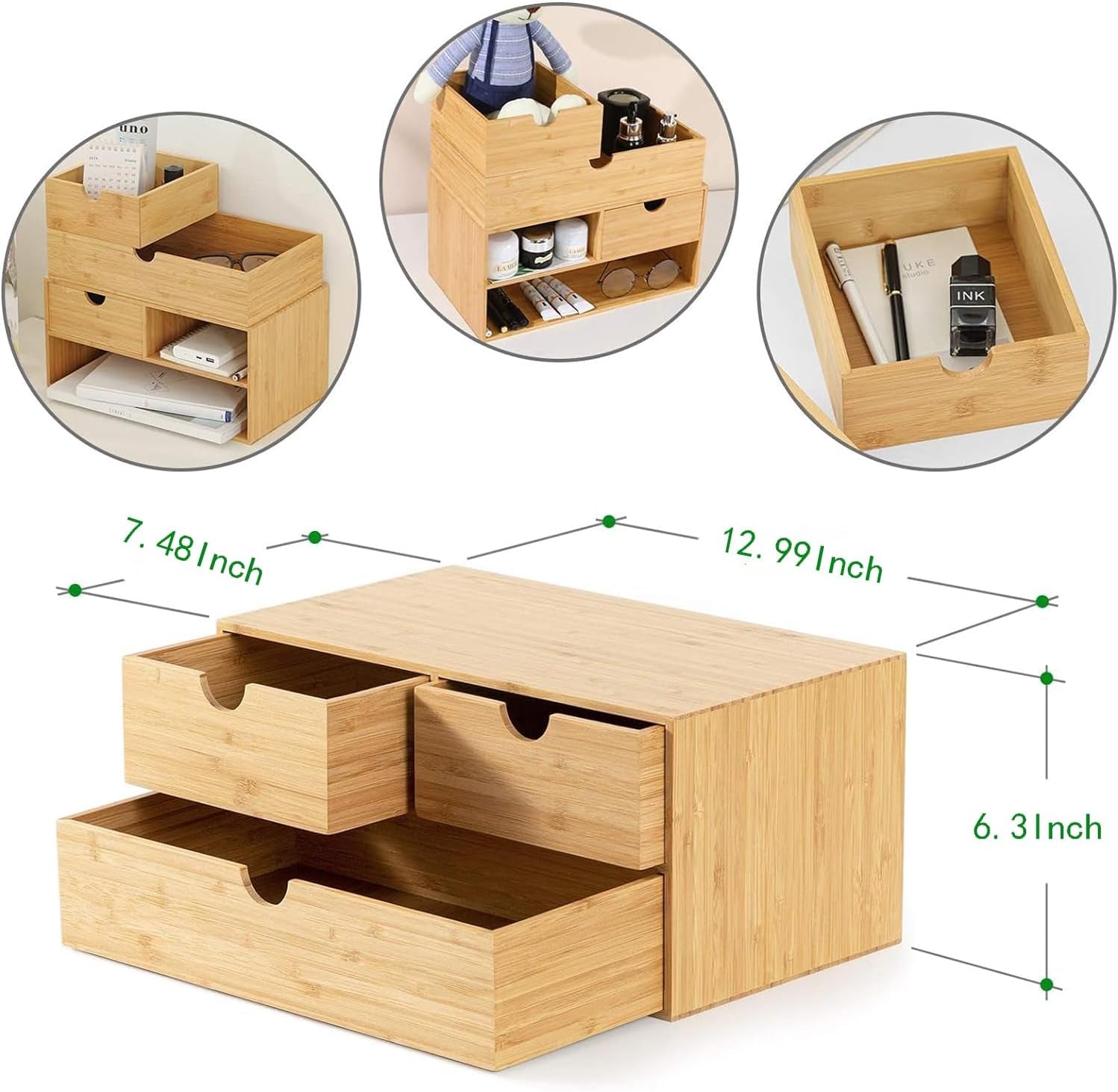 Bamboo Desk Drawer Organizer with Three Drawers for Efficient Tabletop Storage in Office and Home