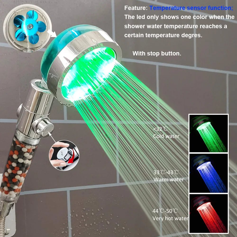 LED Shower Head High Pressure Anion Filter Water Saving Showerhead Temperature Control Colorful Light Handheld Big Rain Shower