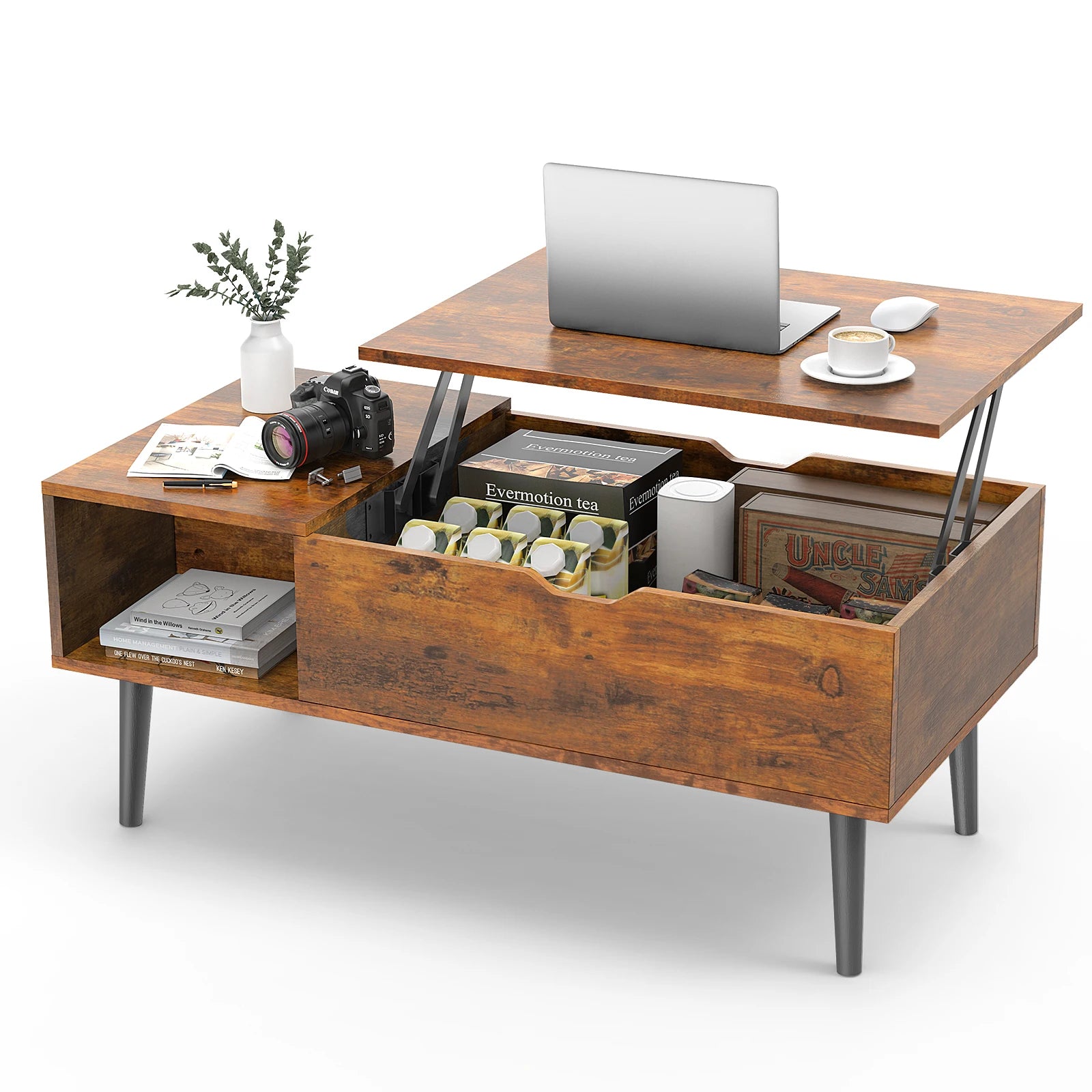 Adjustable Lift-Top Coffee Table with Storage Shelf - 39.37" x 19.7" Wooden Dining and Living Room Desk