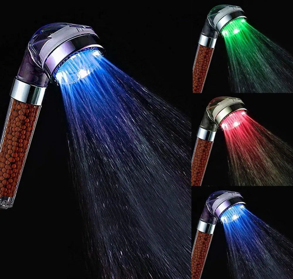 LED Shower Head High Pressure Anion Filter Water Saving Showerhead Temperature Control Colorful Light Handheld Big Rain Shower