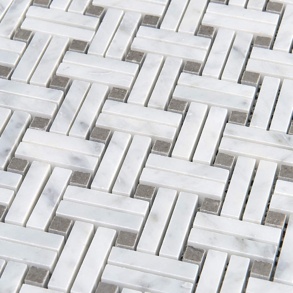 5 Sheets Marble Mosaic Tile for Kitchen Backsplash, Bathroom Shower Floor Etc, Knot Collection, Strips and Dots, 12"X12"X3/8", Polished (Set of 5 Sheets, MM 7201 - Basket)