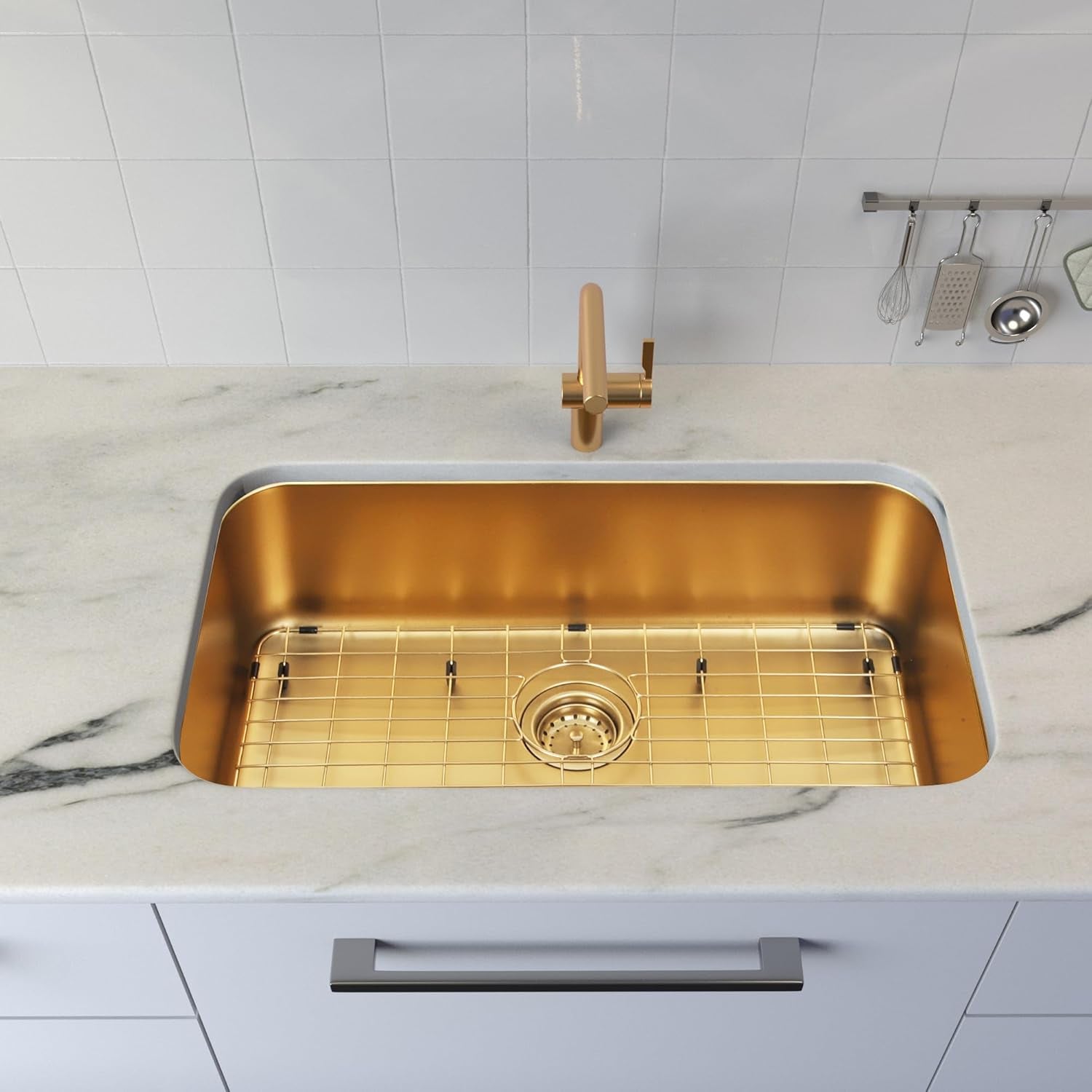 Gold Kitchen Sink 30 Inch, SUS304 Stainless Steel Undemount Kitchen Sinks, 30" X 18" X 9" Large and Deep Single Bowl Kitchen Sinks with Grid and Sink Drain Assembly