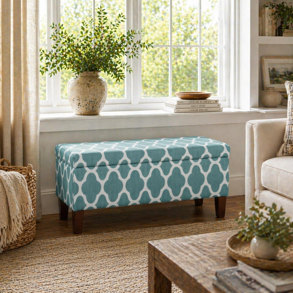 Large Teal Blue Geometric Upholstered Rectangular Storage Ottoman Bench with Hinged Lid