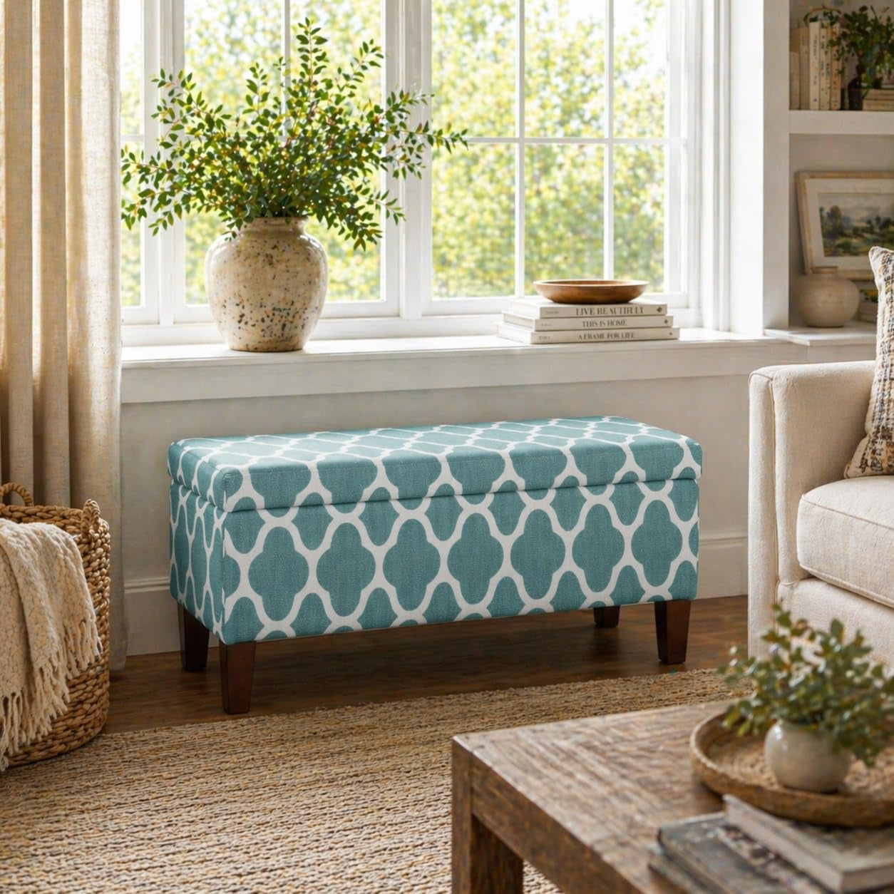 Large Teal Blue Geometric Upholstered Rectangular Storage Ottoman Bench with Hinged Lid