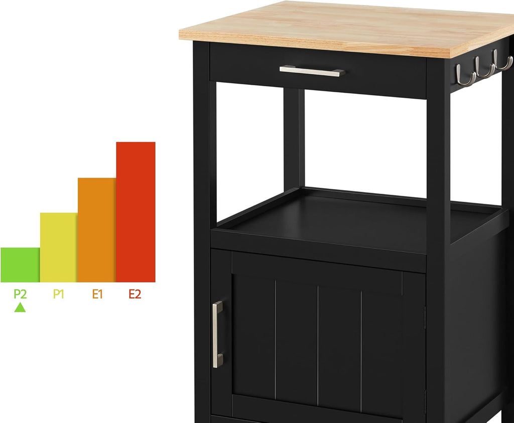 Kitchen Island Cart with Storage, Rolling Kitchen Island on Wheels with 6 Side Hooks, Wood Top Microwave Cart with Drawer for Dining Room, Black