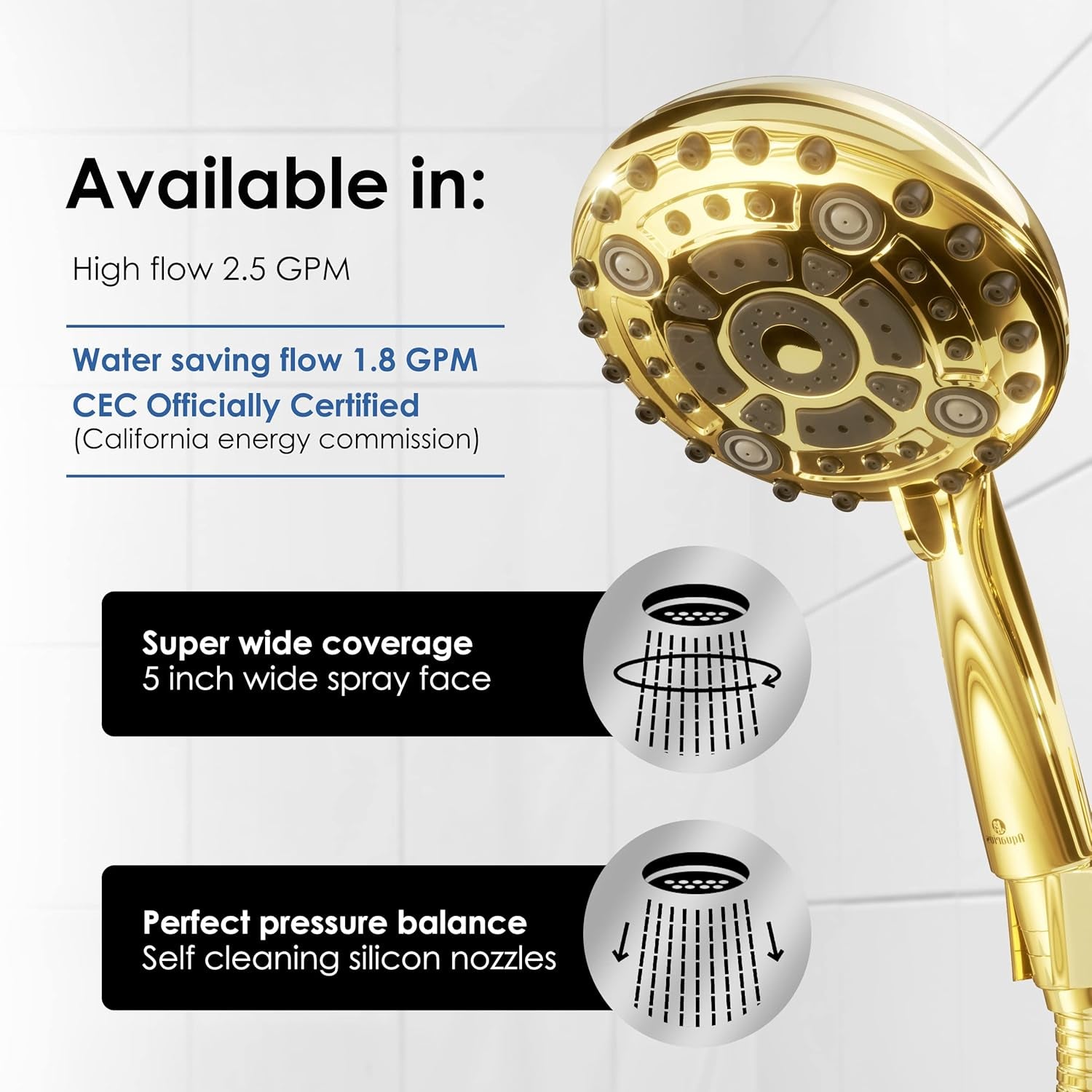 Aquarius Mist Gold Shower Head with Handheld, 6 Spray Settings 4.9 Inch Gold Hand Held Shower Head with Long Hose, Adjustable Mount Holder & Teflon Tape, Polished Brass
