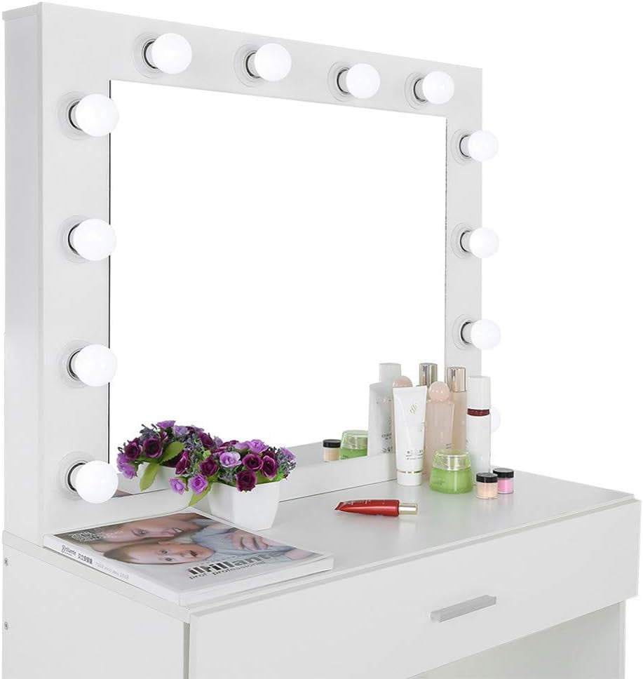 Makeup Vanity Set with 12-Light Mirror, Desk, Drawers, and Chair in Black/White Finish