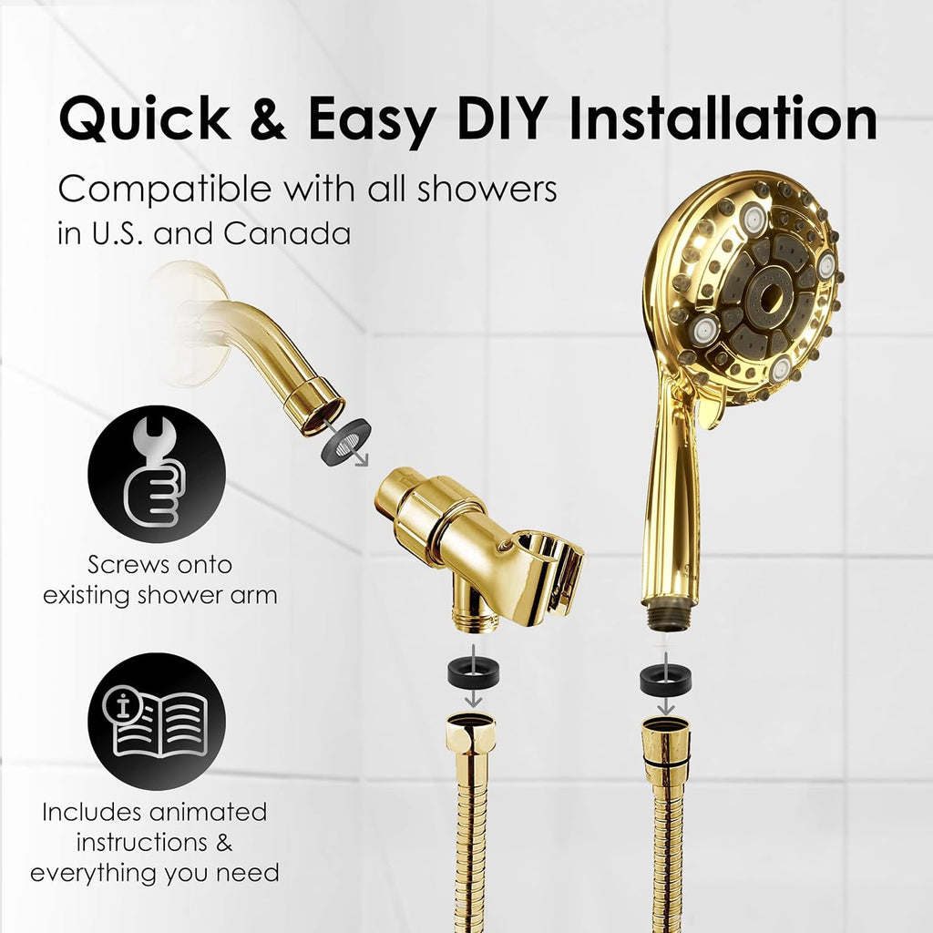 Aquarius Mist Gold Shower Head with Handheld, 6 Spray Settings 4.9 Inch Gold Hand Held Shower Head with Long Hose, Adjustable Mount Holder & Teflon Tape, Polished Brass