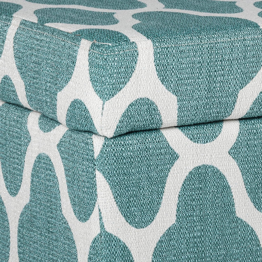 Large Teal Blue Geometric Upholstered Rectangular Storage Ottoman Bench with Hinged Lid
