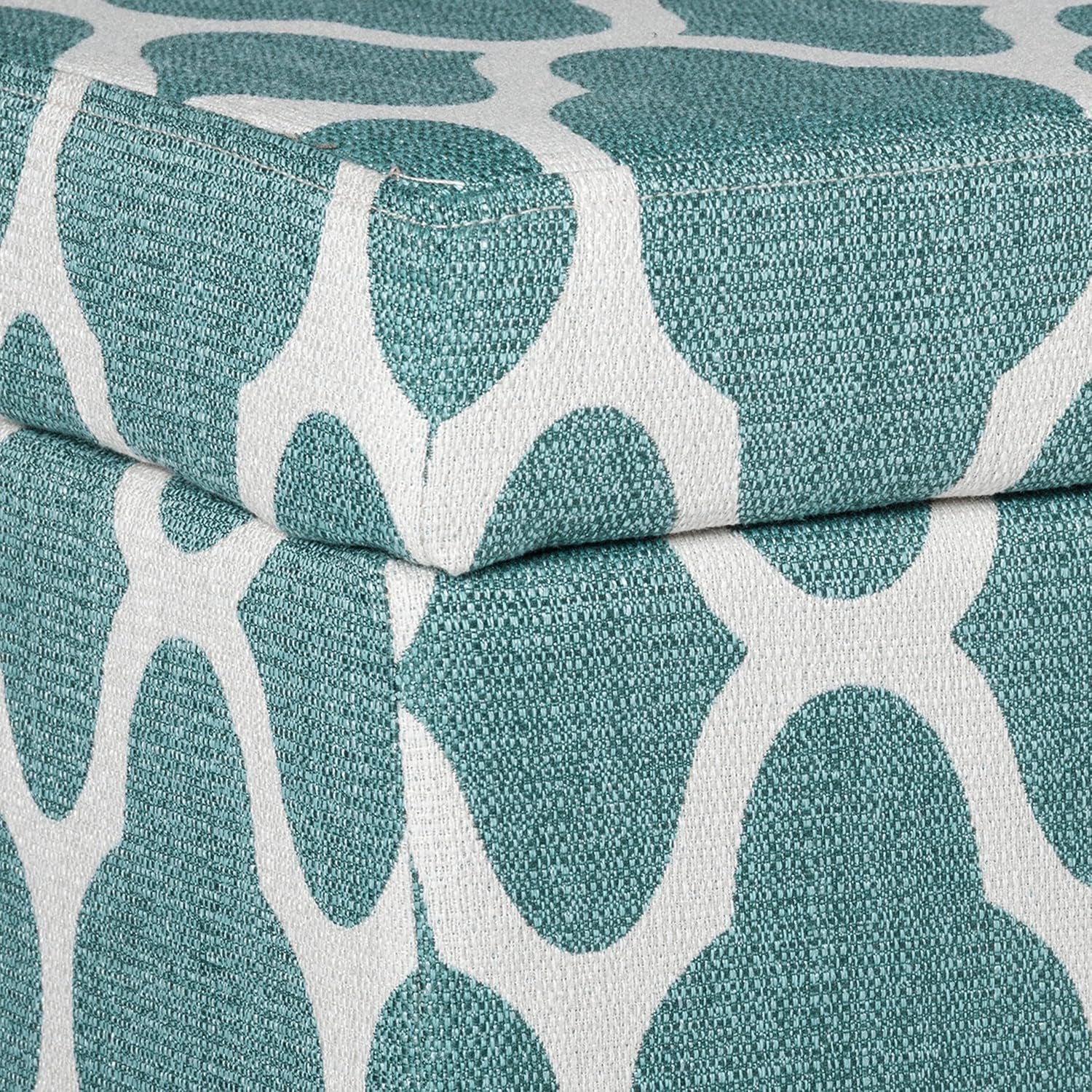 Large Teal Blue Geometric Upholstered Rectangular Storage Ottoman Bench with Hinged Lid