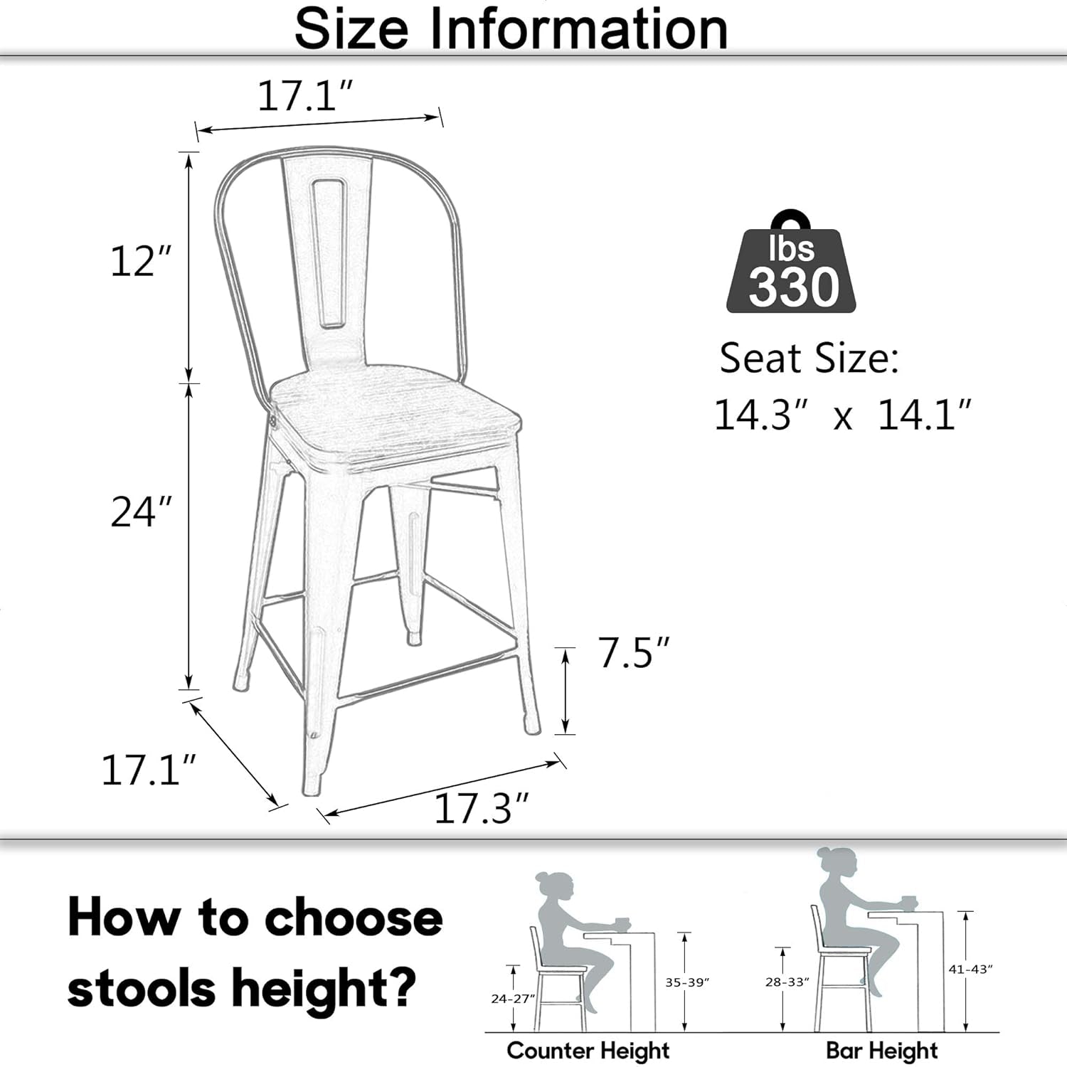 Set of 4 Metal Bar Stools, 24-Inch Counter Height with Back, Modern Farmhouse Design, White Cream Finish, Larger Seat High Back Kitchen Dining Chairs