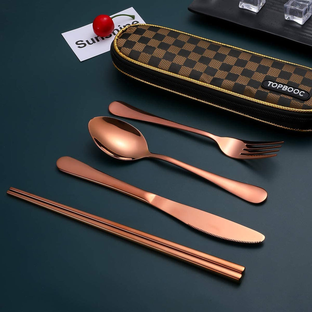 Travel Utensils,Reusable Silverware Set to Go Portable Cutlery Set with a Waterproof Carrying Case for Lunch Boxes Workplace Camping School Picnic (Browngridcase/Rosegold)