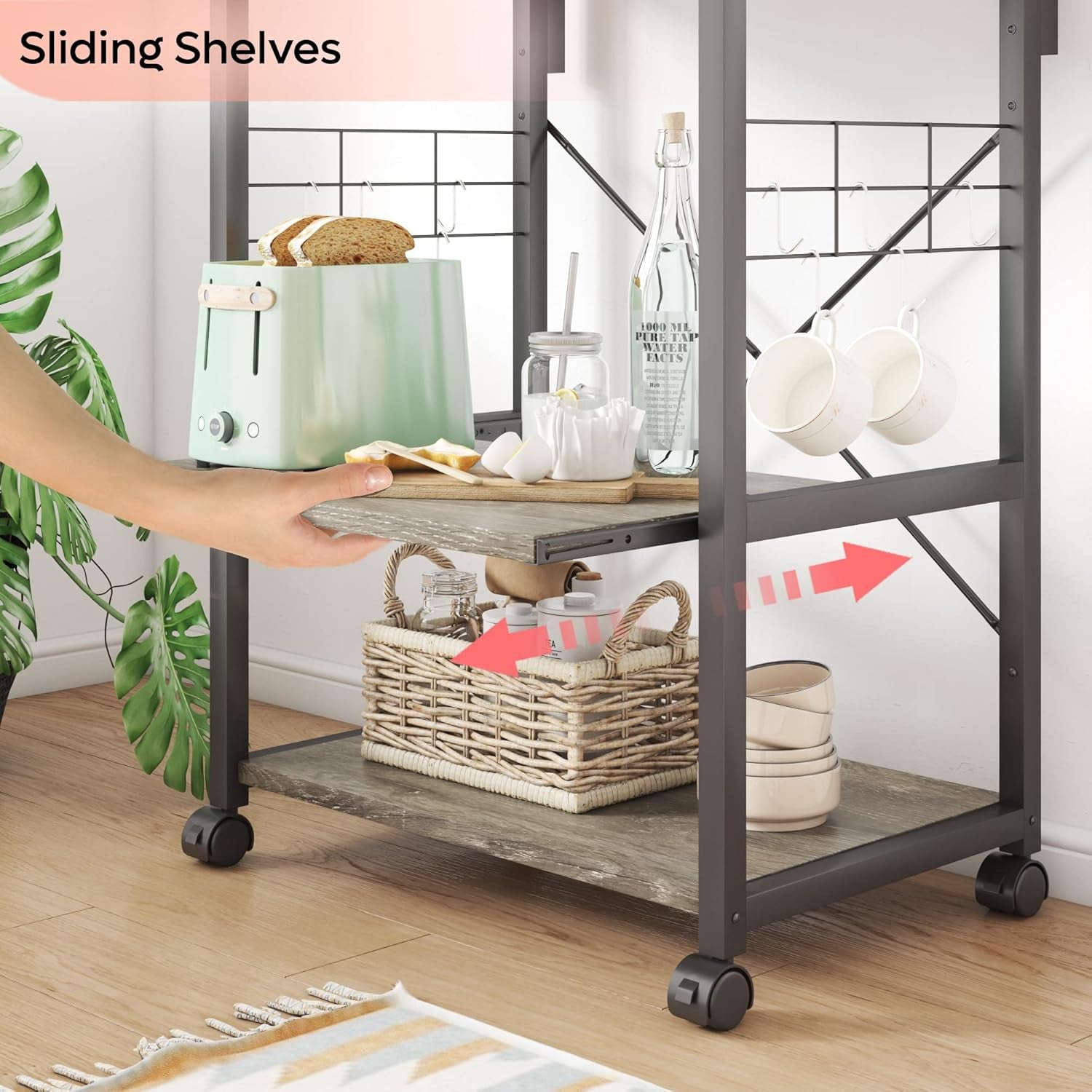 Professional Kitchen Bakers Rack with Microwave Stand and Mobile Utility Storage Shelf, Featuring 10 Side Hooks and Adjustable Feet