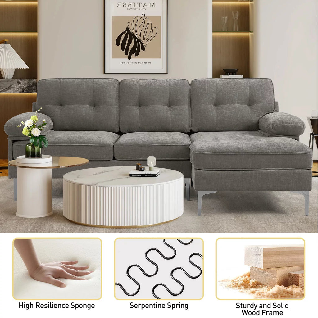 Convertible L-Shaped Sectional Sofa with Reversible Chaise Lounge in Gray Chenille Fabric, Ideal for Living Room, Apartment, or Office, Seats 3