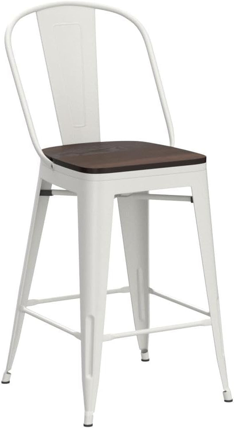 Set of 4 Metal Bar Stools, 24-Inch Counter Height with Back, Modern Farmhouse Design, White Cream Finish, Larger Seat High Back Kitchen Dining Chairs