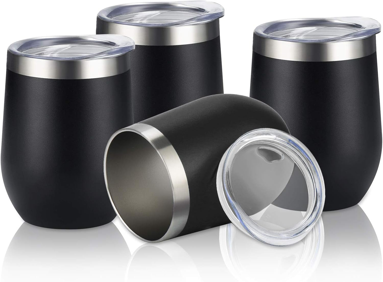 Set of 4 Insulated 12Oz Stainless Steel Stemless Wine Tumblers with Lids and Straws - Ideal for Wine, Cocktails, Coffee, and Champagne, Black Finish
