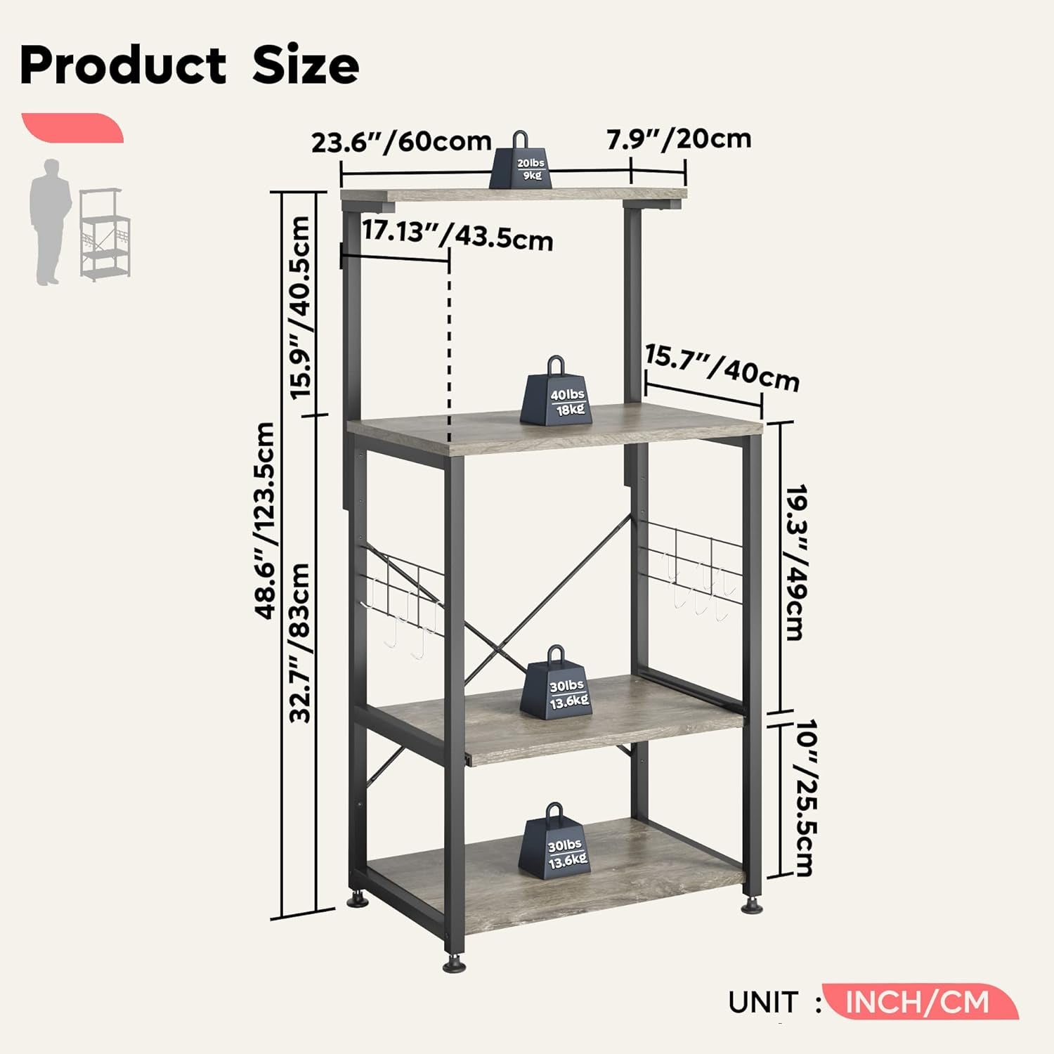 Professional Kitchen Bakers Rack with Microwave Stand and Mobile Utility Storage Shelf, Featuring 10 Side Hooks and Adjustable Feet