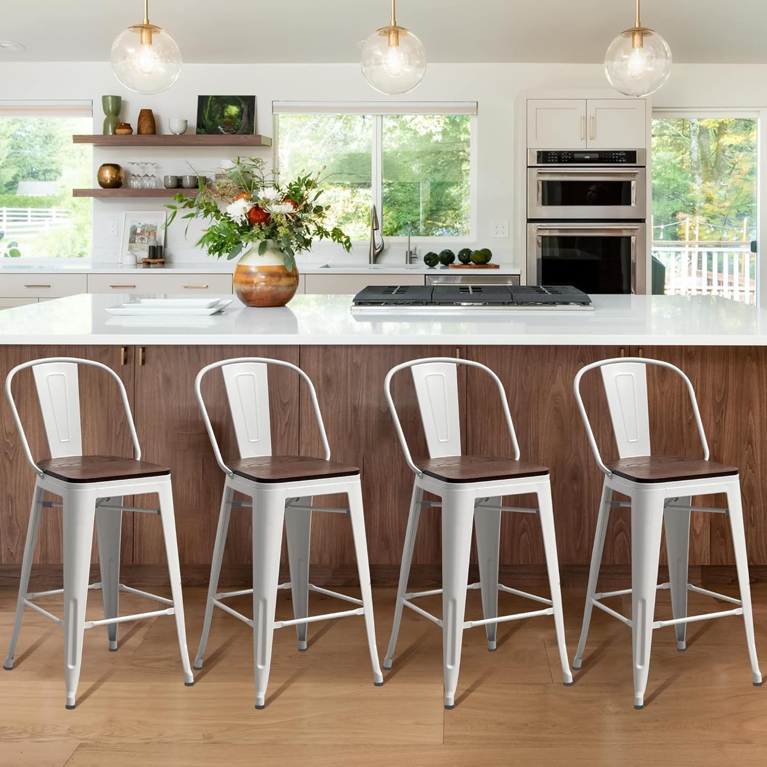 Set of 4 Metal Bar Stools, 24-Inch Counter Height with Back, Modern Farmhouse Design, White Cream Finish, Larger Seat High Back Kitchen Dining Chairs
