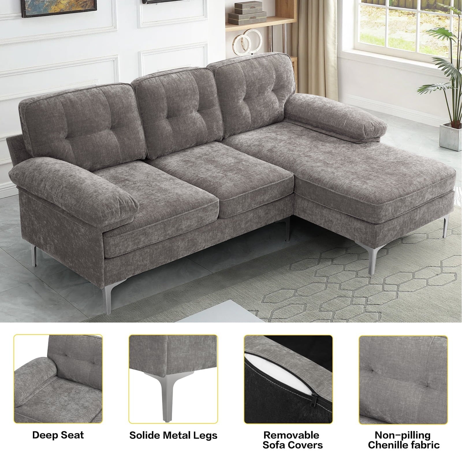 Convertible L-Shaped Sectional Sofa with Reversible Chaise Lounge in Gray Chenille Fabric, Ideal for Living Room, Apartment, or Office, Seats 3
