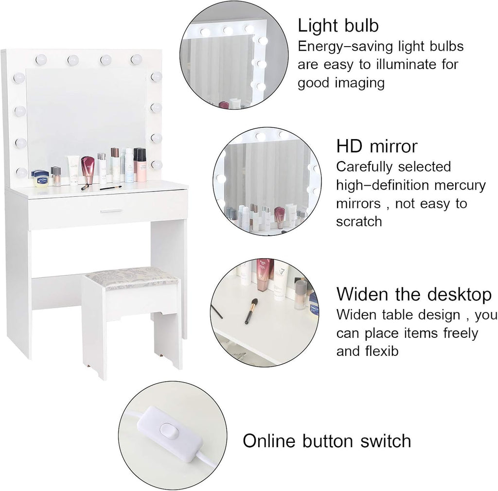 Makeup Vanity Set with 12-Light Mirror, Desk, Drawers, and Chair in Black/White Finish