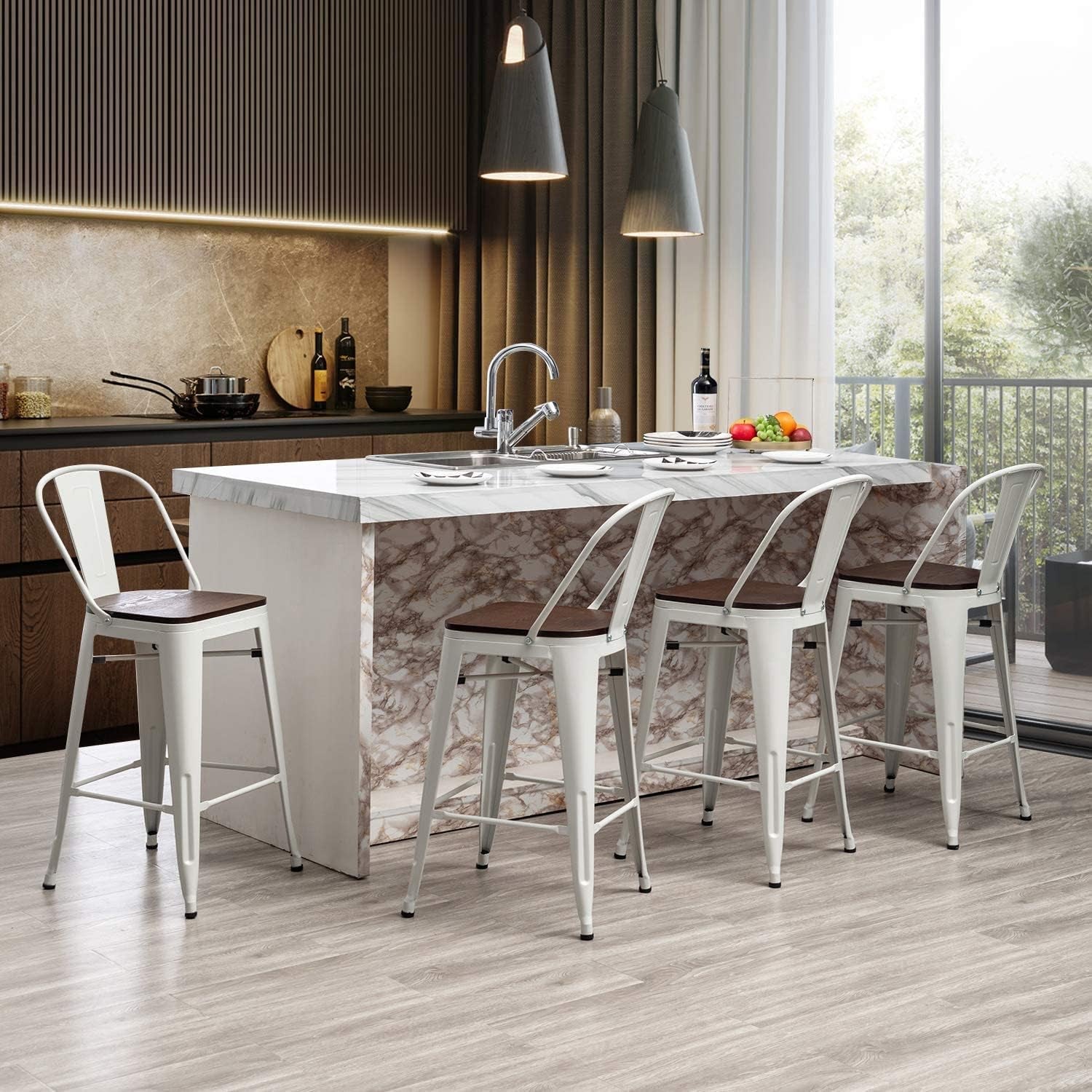 Set of 4 Metal Bar Stools, 24-Inch Counter Height with Back, Modern Farmhouse Design, White Cream Finish, Larger Seat High Back Kitchen Dining Chairs