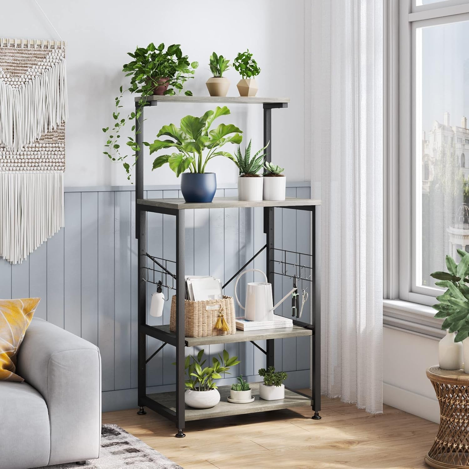 Professional Kitchen Bakers Rack with Microwave Stand and Mobile Utility Storage Shelf, Featuring 10 Side Hooks and Adjustable Feet