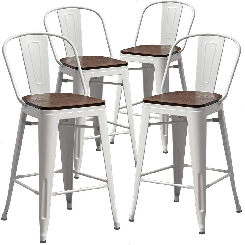 Set of 4 Metal Bar Stools, 24-Inch Counter Height with Back, Modern Farmhouse Design, White Cream Finish, Larger Seat High Back Kitchen Dining Chairs