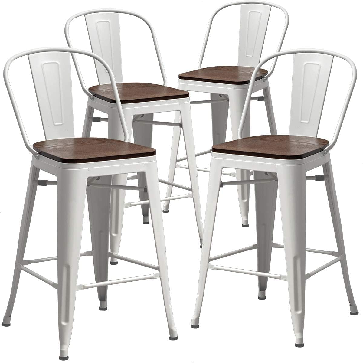 Set of 4 Metal Bar Stools, 24-Inch Counter Height with Back, Modern Farmhouse Design, White Cream Finish, Larger Seat High Back Kitchen Dining Chairs