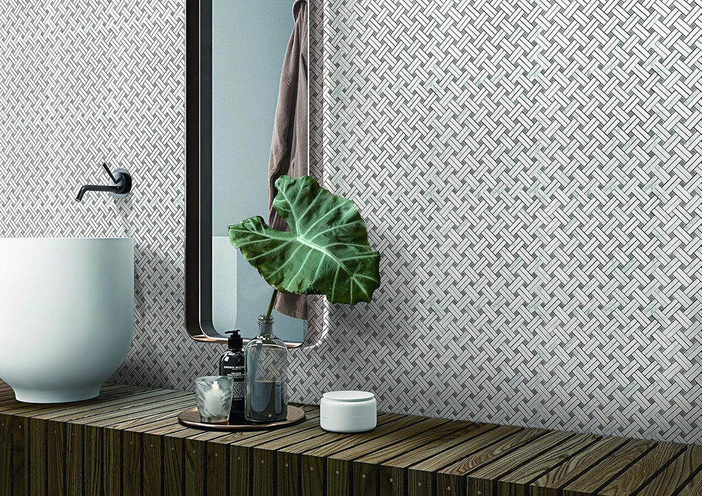 5 Sheets Marble Mosaic Tile for Kitchen Backsplash, Bathroom Shower Floor Etc, Knot Collection, Strips and Dots, 12"X12"X3/8", Polished (Set of 5 Sheets, MM 7201 - Basket)