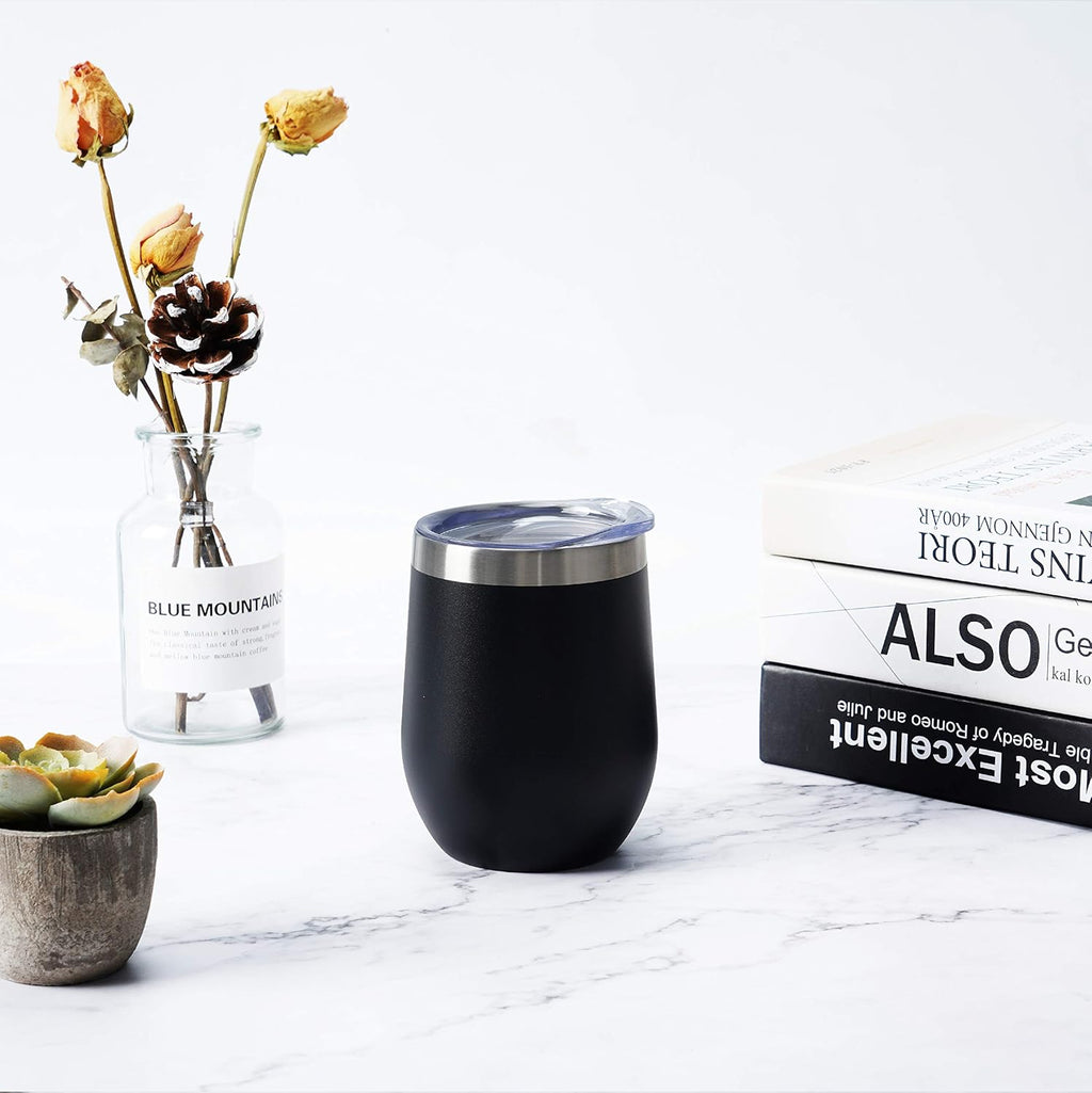 Set of 4 Insulated 12Oz Stainless Steel Stemless Wine Tumblers with Lids and Straws - Ideal for Wine, Cocktails, Coffee, and Champagne, Black Finish