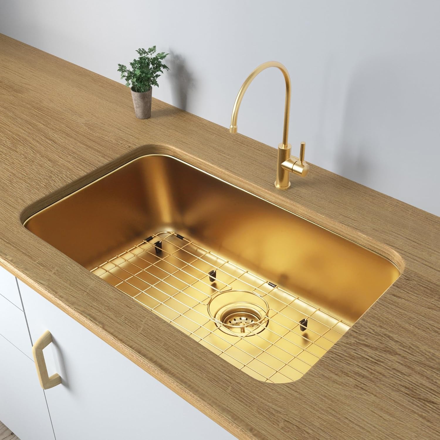Gold Kitchen Sink 30 Inch, SUS304 Stainless Steel Undemount Kitchen Sinks, 30" X 18" X 9" Large and Deep Single Bowl Kitchen Sinks with Grid and Sink Drain Assembly