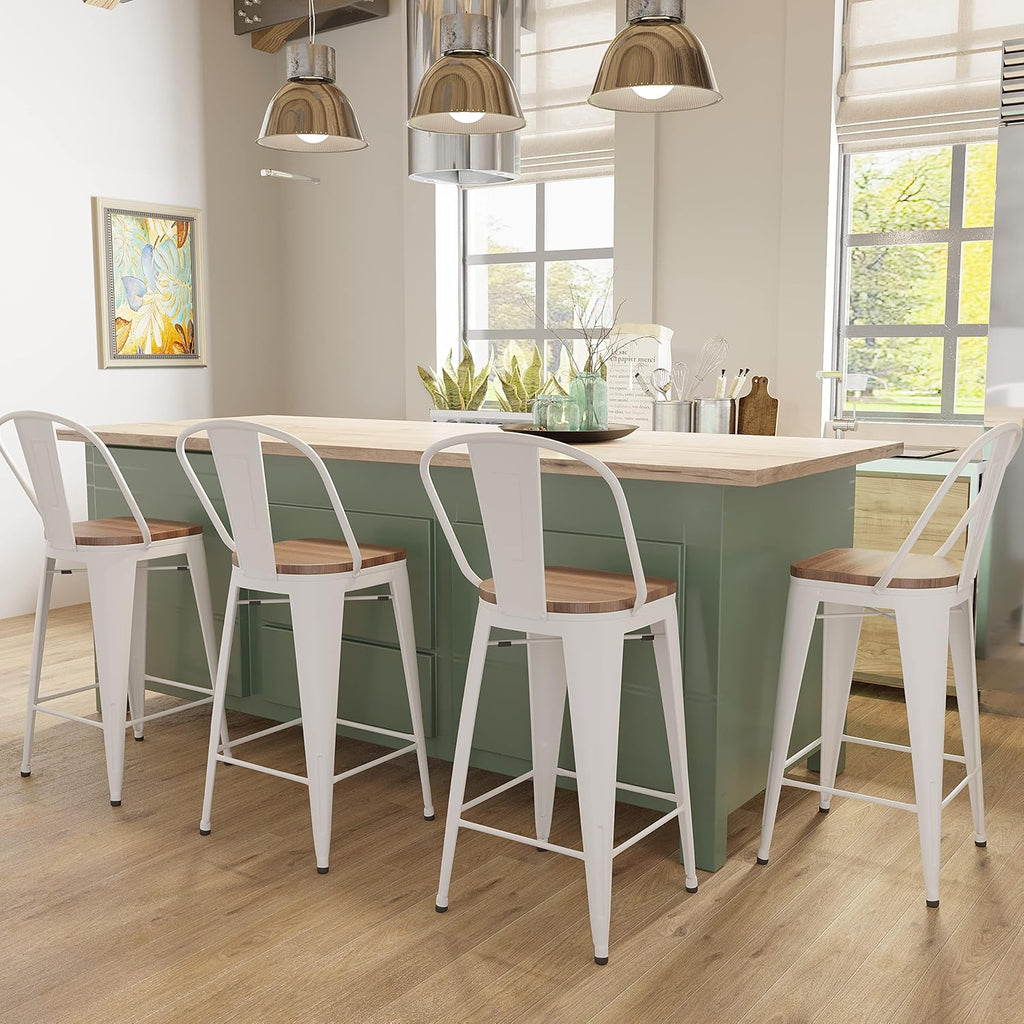 Set of 4 Metal Bar Stools, 24-Inch Counter Height with Back, Modern Farmhouse Design, White Cream Finish, Larger Seat High Back Kitchen Dining Chairs